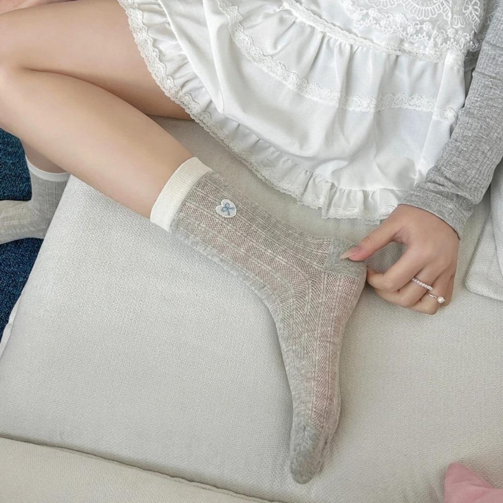 Summer Thin Mesh Breathable Women Socks Bow Embroidery Japanese Kawaii Cute Socks Women Korean Style Girls Cotton Long Socks Sox