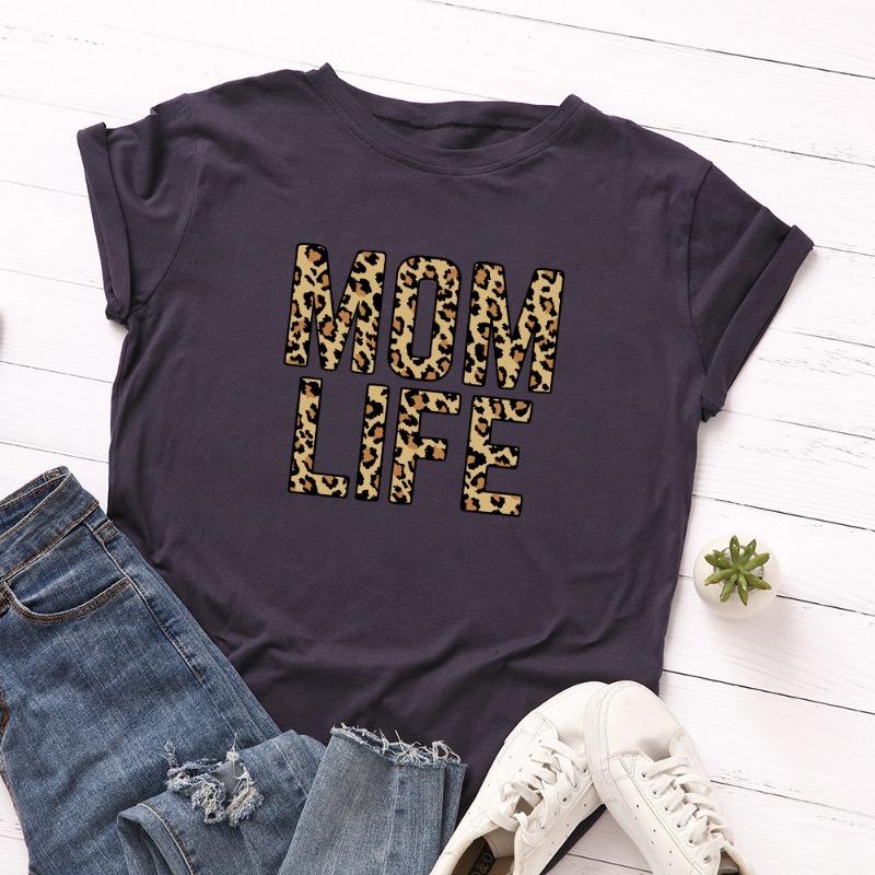 Summer Women's Leopard Print Creative Text MOM LIFE Print Loose Round Neck Short Sleeved Pure Cotton T-Shirts Women’s