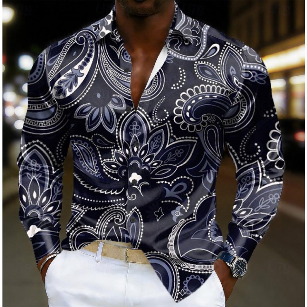 Men's Vintage Pattern Printed Long Sleeve Shirts Casual Cardigan New Button Holiday Fashion Shirts