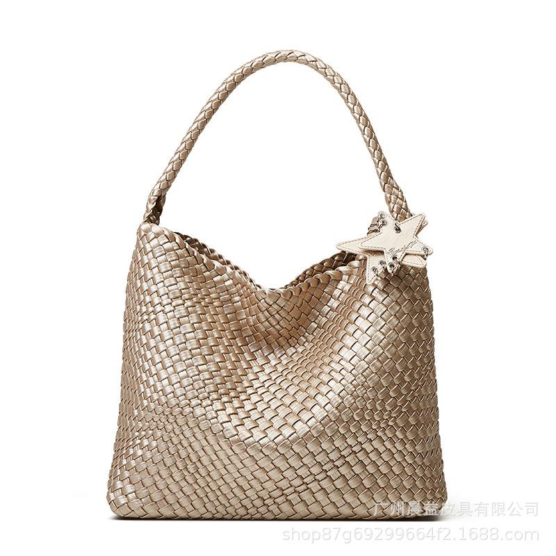 Champagne Handmade Woven Bucket Tote Bag - Large Capacity Shoulder Handbag