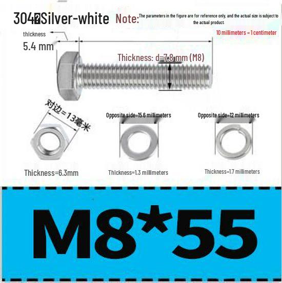 304 Stainless Steel Hex Head Bolt and Nut Set M6-M14, Lengths 8-100mm
