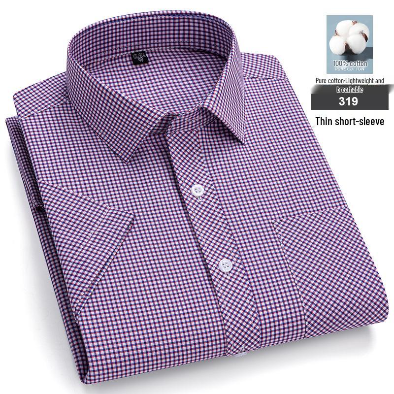 Men's Summer Plaid Cotton Short Sleeve Shirt - Breathable & Sweat-Absorbing