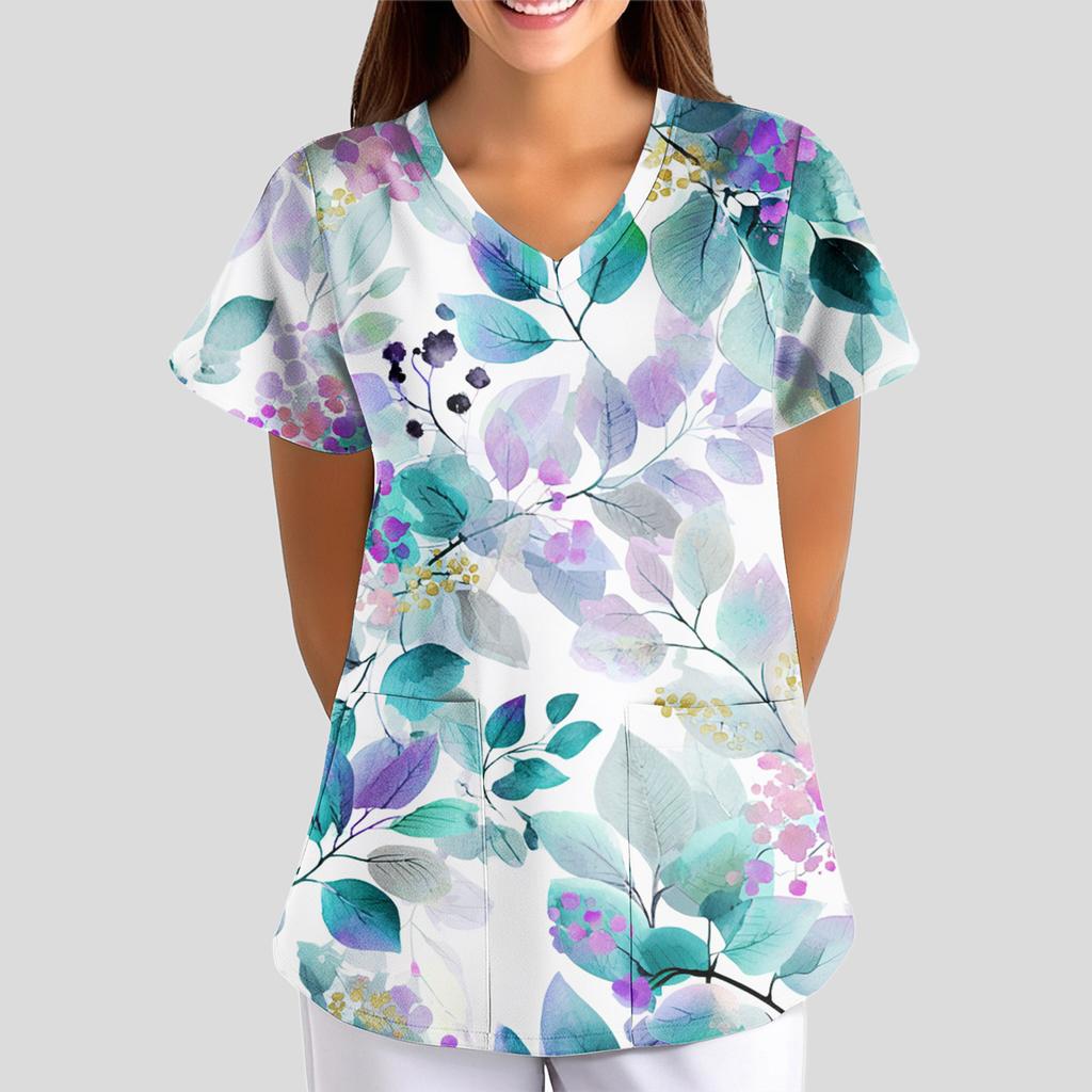 Women's Floral Print Loose V-neck Short-sleeved Uniform/ Uniform