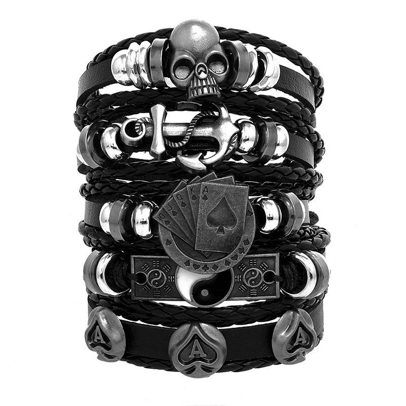 Men's Punk Skull Leather Bracelet Set Multi-Layer Gothic Rock Chain Bracelets Pentagram Charm Hip Hop Streetwear Badge Jewelry Accessories for Him
