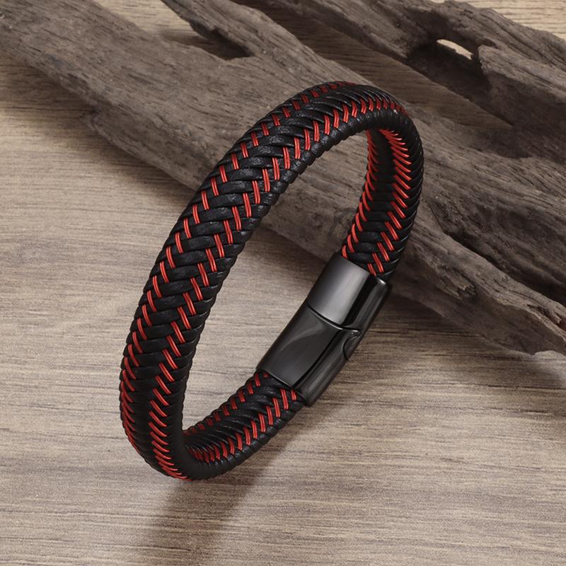 Bracelet Tressé en Cuir Punk pour Homme Fermoir Magnétique en Métal Haute Qualité Bracelet d'Affaires Bijoux de Mode pour Fête Cadeau black