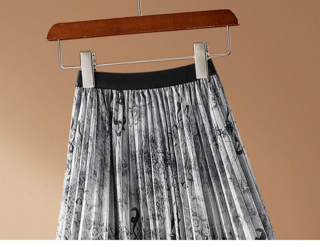Elegant High-Waist Calligraphy Print Mid-Length Skirt