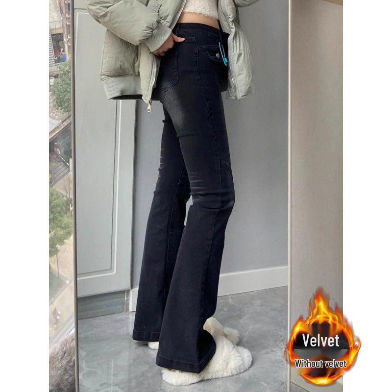 Retro Black High-Waisted Micro-Flare Velvet Jeans for Women - Trendy, Slim-Fit, Elastic Winter Pants