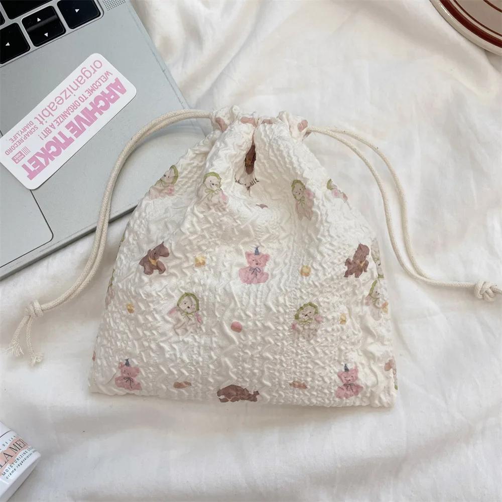 Cute Cartoon Bear Ladies Mini Drawstring Bags Retro Flower Women's Cosmetic Storage Bag Portable Sweet Female Coin Purse Handbag