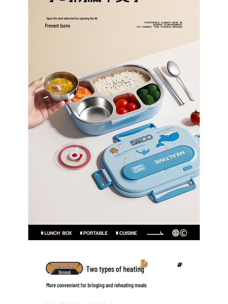 304 Stainless Steel Portable Insulated Lunch Box with Compartmented Lid, Large Capacity Bento Box for Students.