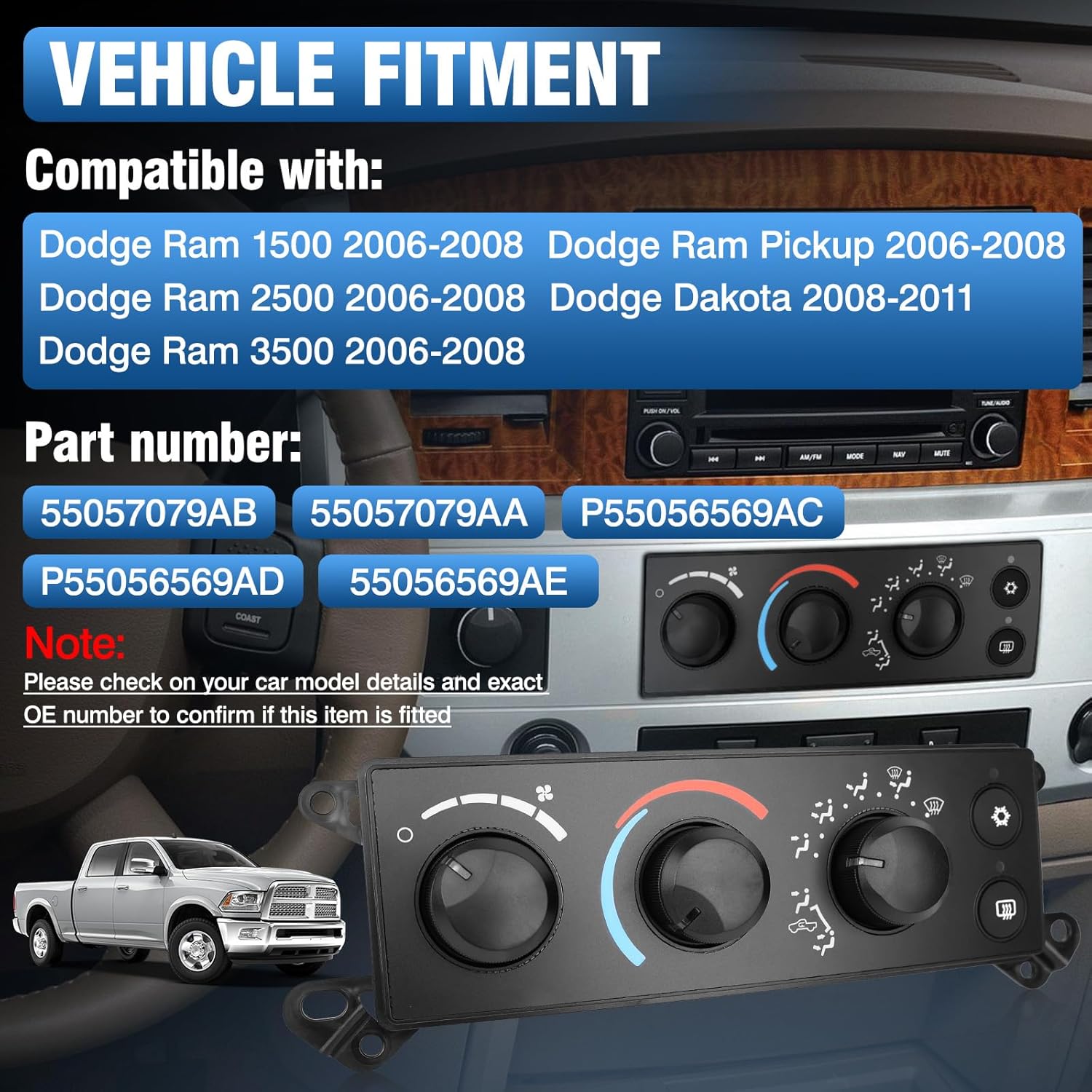 

HVAC Climate Control Module Panel with Pry Tool, AC Heater Control Switch Unit Compatible with Dodge Ram 1500 2500 3500 2006-2008, Dakota 2008-2011,