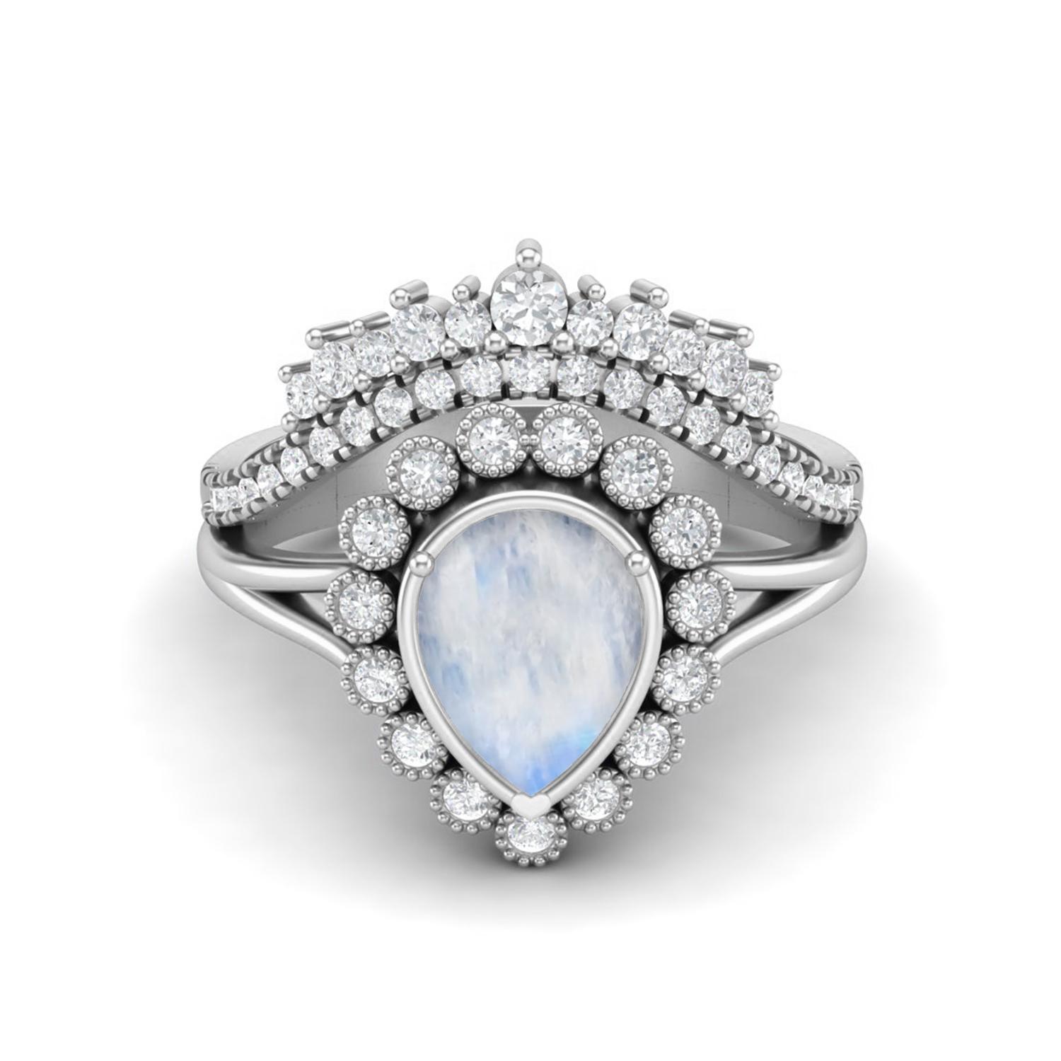 925 Sterling Silver 1.99 Cts Pear Shape Moonstone Solitaire Tiara Crown Women Wedding Ring 8 белый