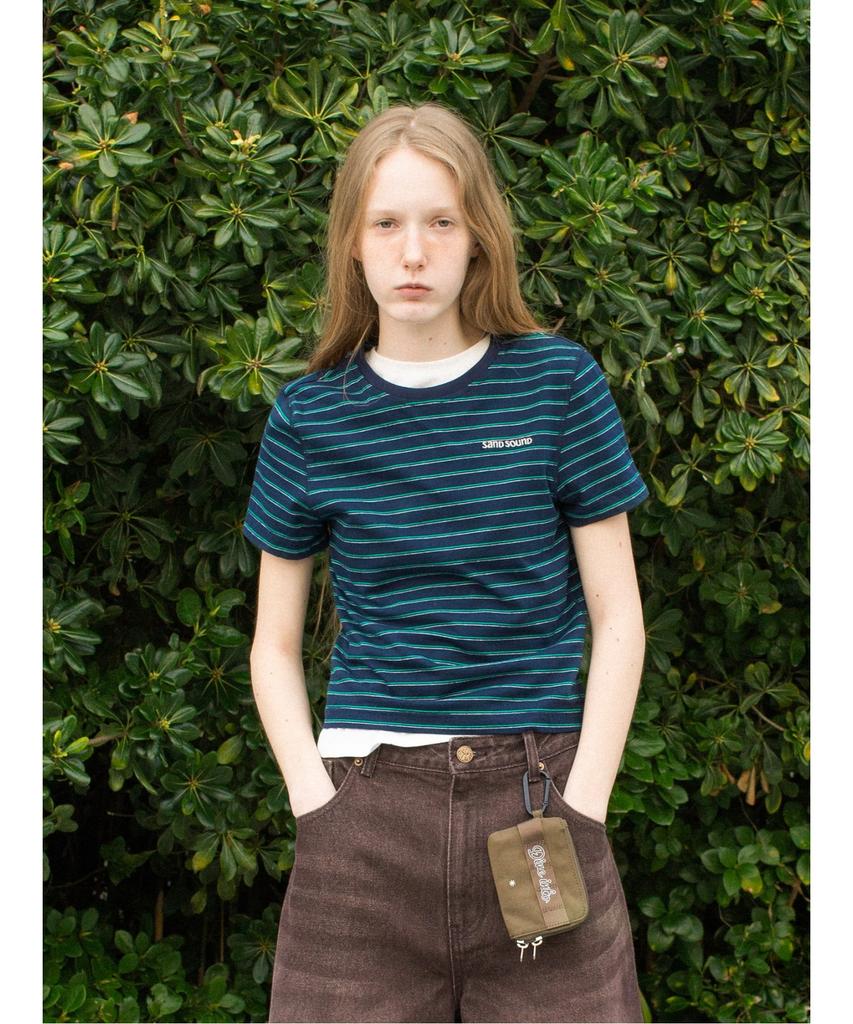 Saendeusaundeu (Women) Crop Striped Short Sleeve T-Shirt Navy
