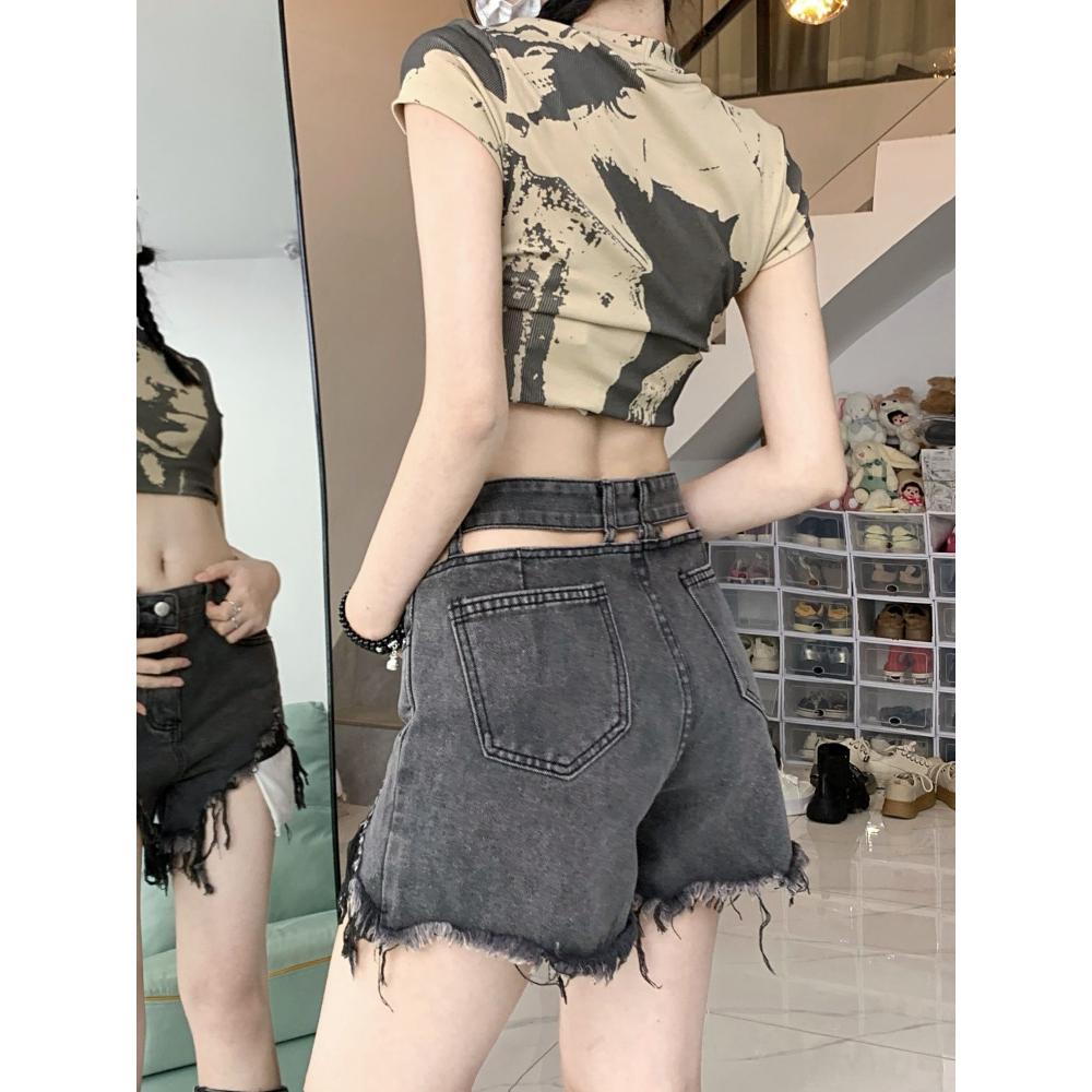 Retro Black and Gray Denim Shorts for Women Pure Ripped Wide-leg Pants