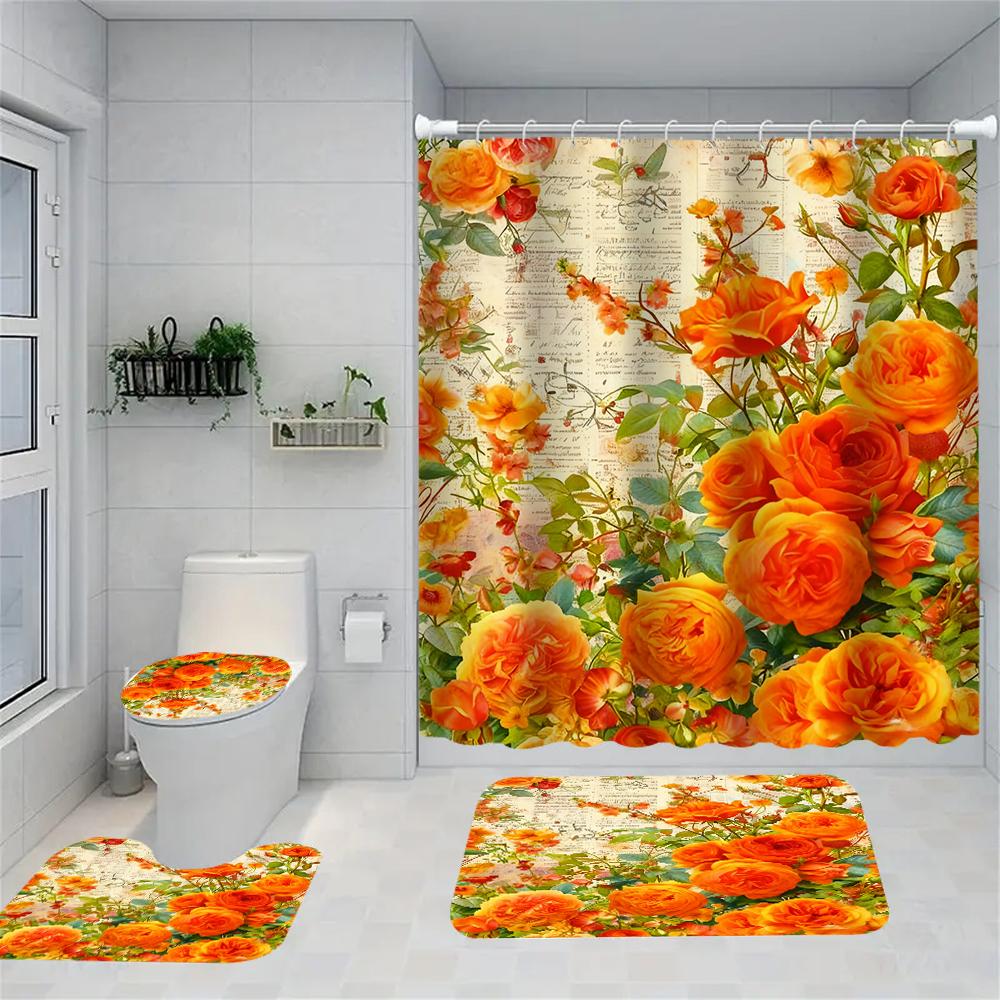 1/4 Marine Organisms Print Shower Curtains, Toilet Seat Decoration, Shower Curtain with Carpet and Toilet Lid, 70.8x70.8 Inch