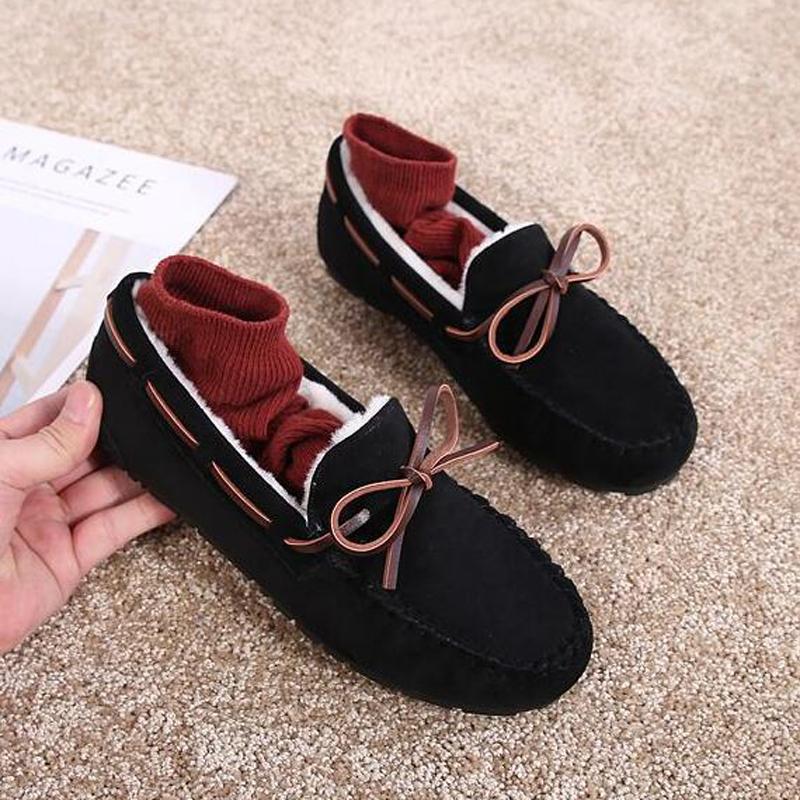 Fashion 2025 Winter Cotton Fur Moccasins Woman Furry Loafers Warm Slip On Bowtie Flats Shoes Ladies Daily Work Barefoot Mocasines Femmes