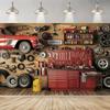 Retro Workshop Party Banner | Polyester Decorative Background | Classic Car Design and Toolbox. | Car Decorations.