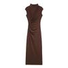 Women's Clothing Winter European and American Pleated Decorative Semi-turtleneck Sleeveless Midi Long Dress