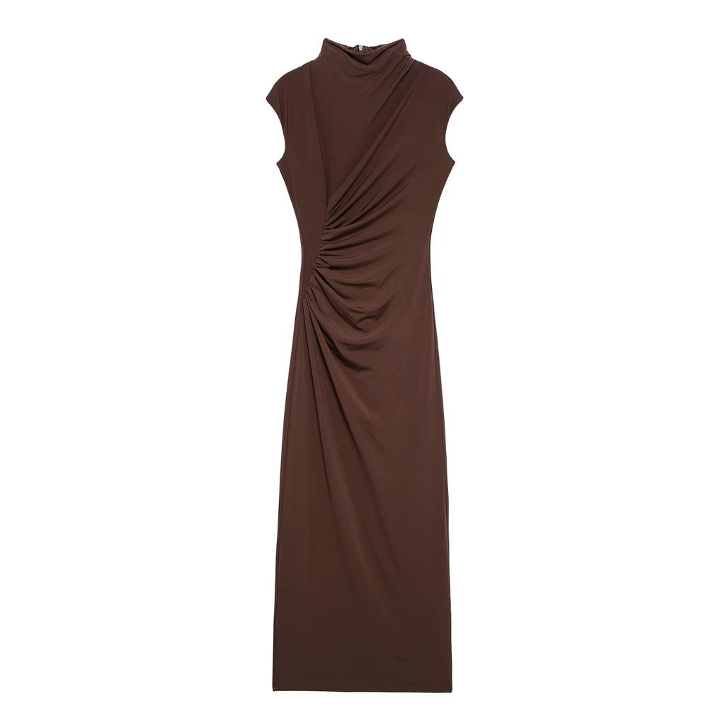 Women's Clothing Winter European and American Pleated Decorative Semi-turtleneck Sleeveless Midi Long Dress