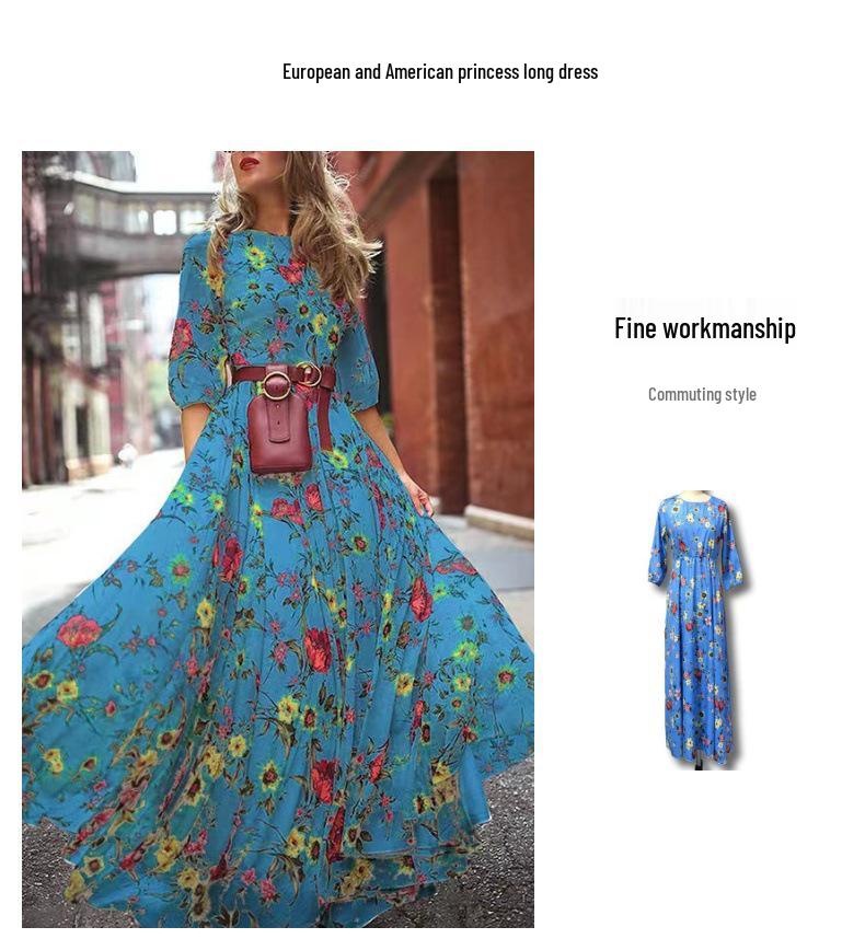 Retro Floral Long Dress with Round Neck and Large Swing - 2024 European & American Style