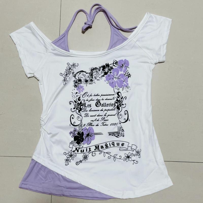 

Американская винтажная поддельная футболка из двух частей с открытыми плечами женская футболка Y2k с коротким рукавом женская летняя дизайнерская повседневная короткая футболка XS белый