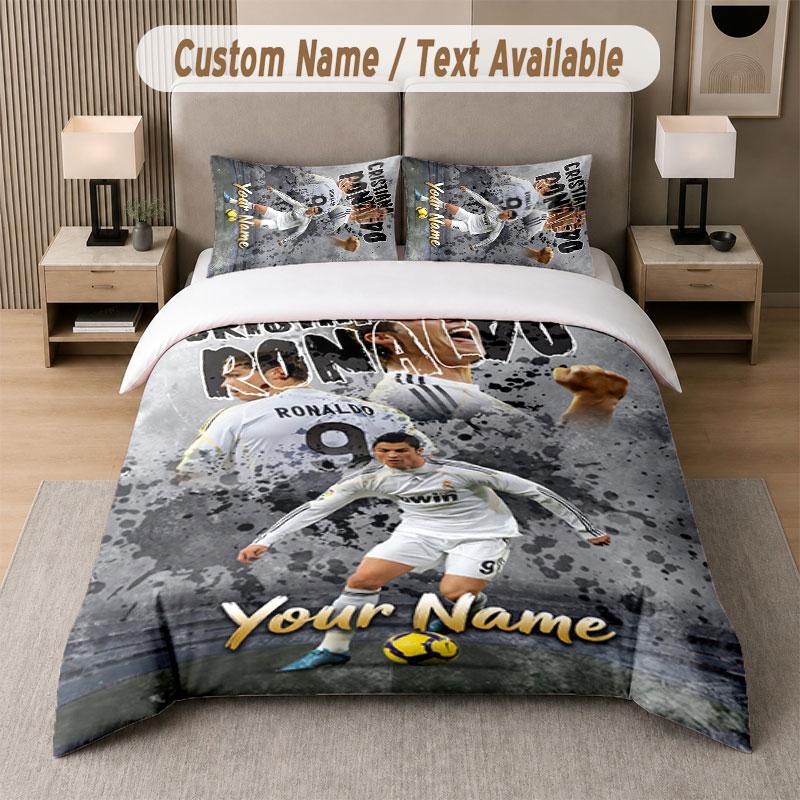 Set Biancheria da Letto Personalizzato Modello Cristiano Ronaldo, Stampa Nome Testo 1 Copripiumino più 2 Federe Tessile per la Casa