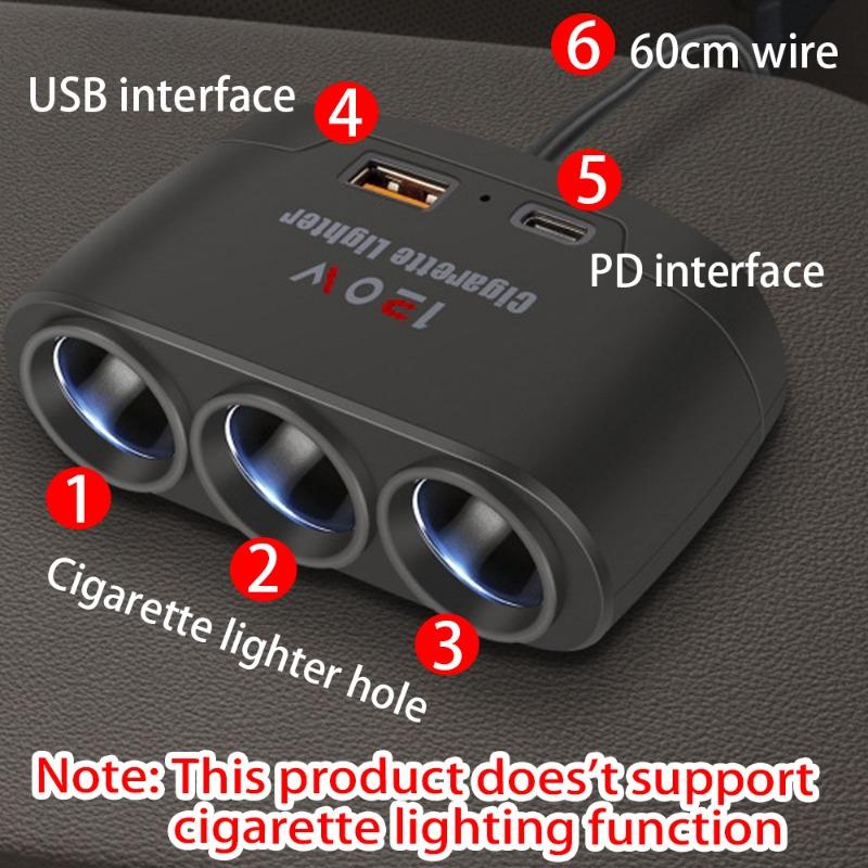 120W PD+USB Car Charging with Three Cigarette Lighting Holes PD QC3.0 Fast Charging 12-24V Auto One-to-three Cigarette Lighter