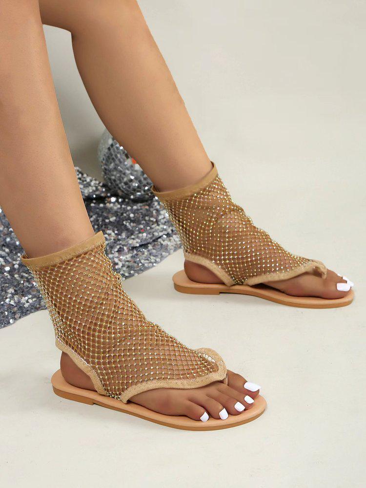 2024 Spring/Summer Women's Plus Size Rhinestone Mesh Toe-Post Sandals