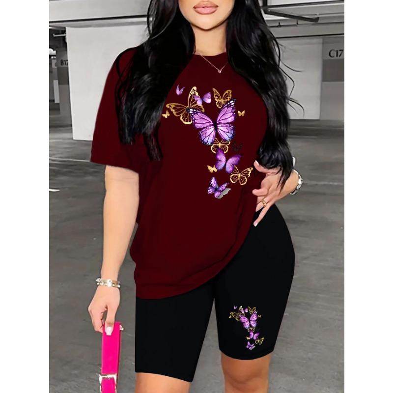 Women's Fashion Round Neck Purple Butterfly Print Casual Short Sleeve Shorts Set