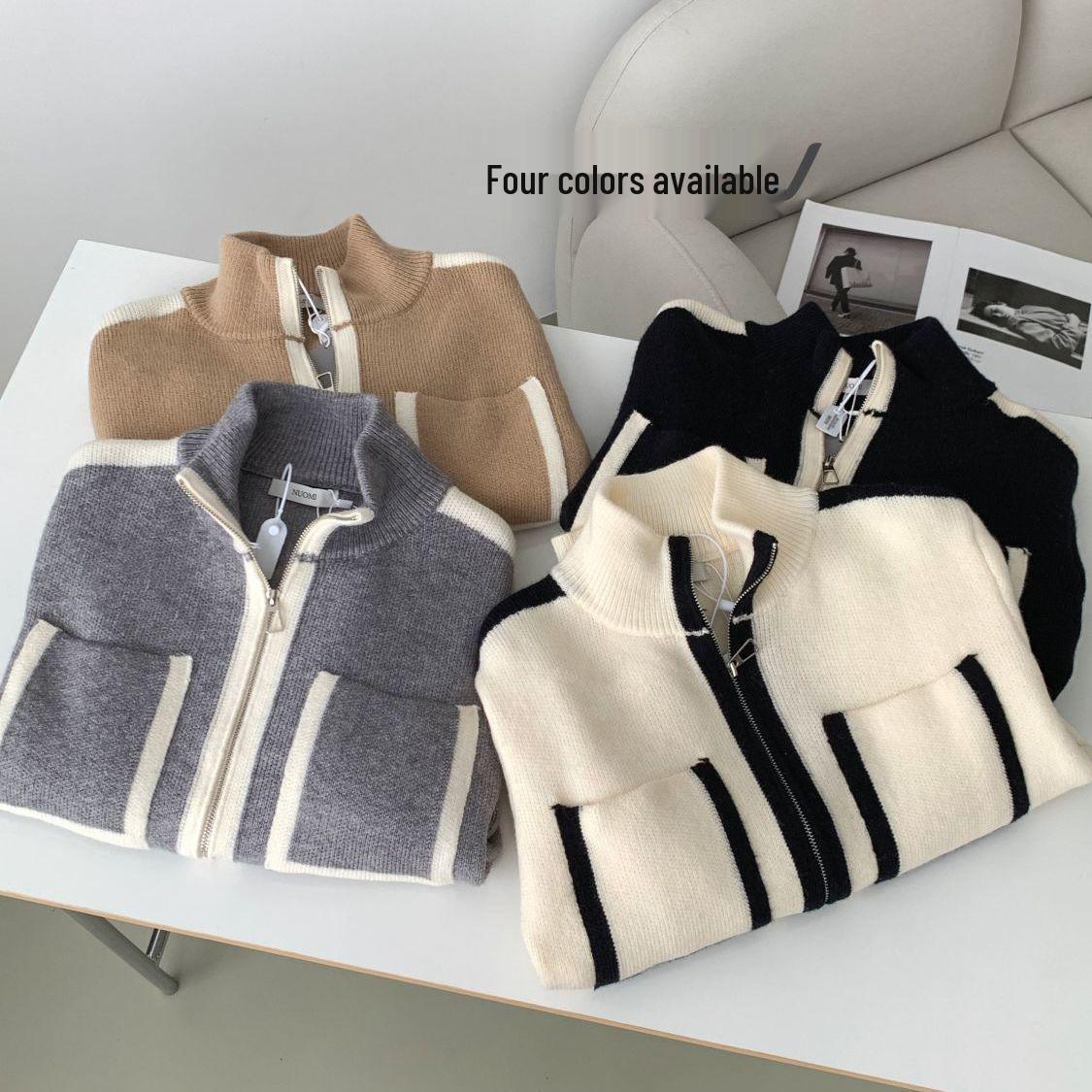 

Весенне-осенний приталенный вязаный кардиган в стиле колор-блок на молнии с двумя бегунками для женщин One Size серый