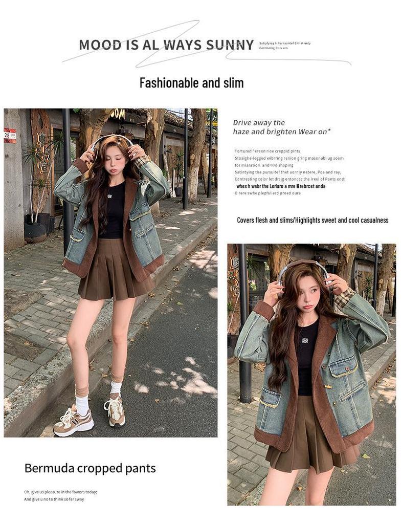 2024 Damen Trendige Herbst Patchwork Anzugkragen Jeansjacke