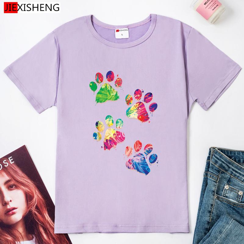 Cartoons Fußabdruck Print Damen T-Shirts Sommer Locker Ärmel O-Ausschnitt T-Shirt Tops 5 Farben Damen T-Shirt