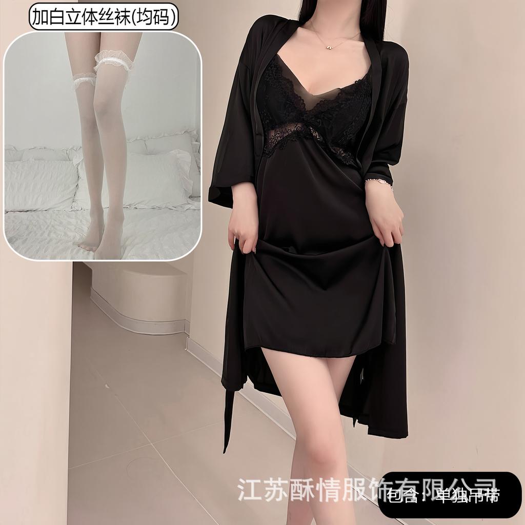 Spring and Summer Sexy Nightdress Lace Temptation V-neck Gathering Ice Silk Suspender Nightdress Backless Chest Pad Suspender Nightdress Set