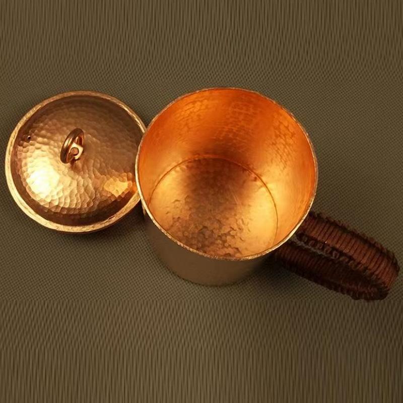 Vintage čistá měď Moscow Mule Hrneček na kávu, S víčkem Vyrytá kladívková textura Odolný Pivo 500 ml Termoska Tkaná rukojeť Šálek na čaj