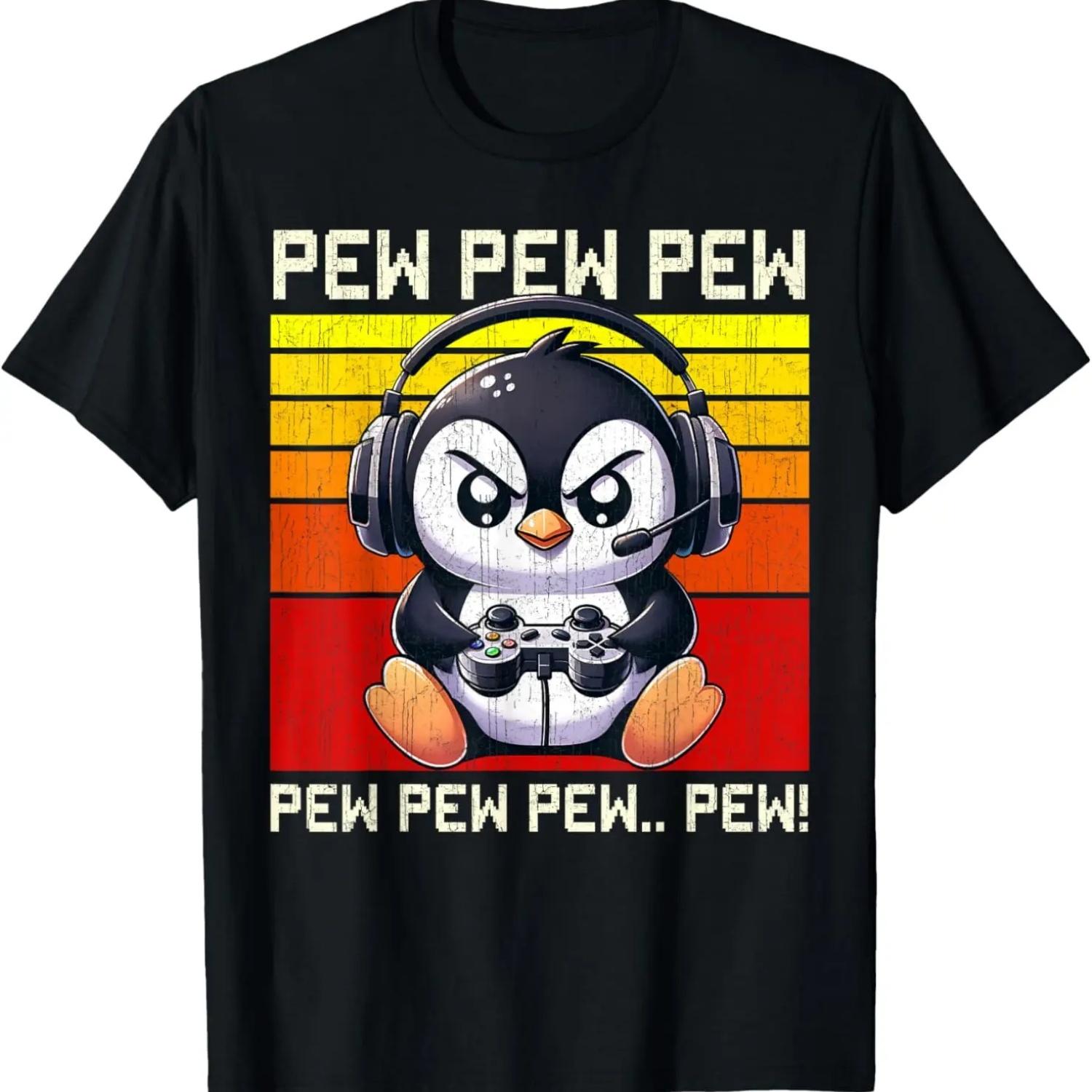 

Penguin Gamer Pew Funny Video Games Vintage Boys Men Girls T-Shirt S чёрный