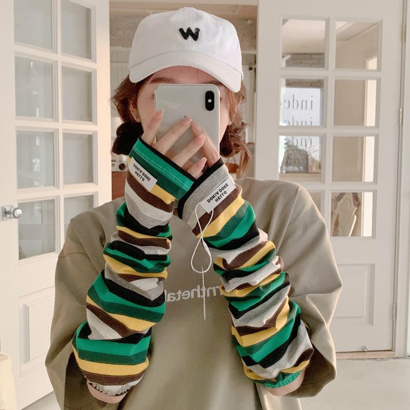 UV Protection Striped Cotton Arm Sleeves: Breathable, Loose, Long Gloves for Driving & Cycling