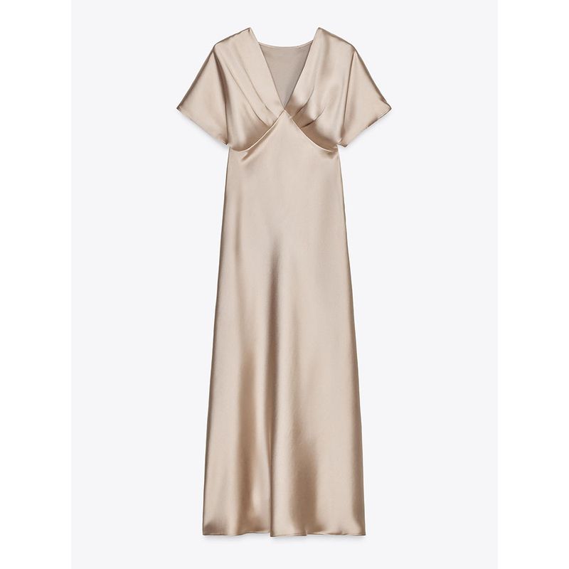 Za2025 Summer New Product Women's Clothes Plaid Silk Satin Texture Casual Short Sleeve Midi Skirt Dress 2330399 620