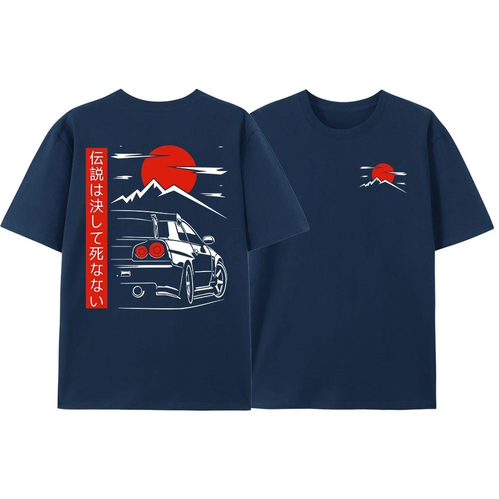 2025 New Japanese Style Car Printed Round Neck T-shirt for Men's Street Large Casual Cotton Outdoor Hip Hop Short Sleeve