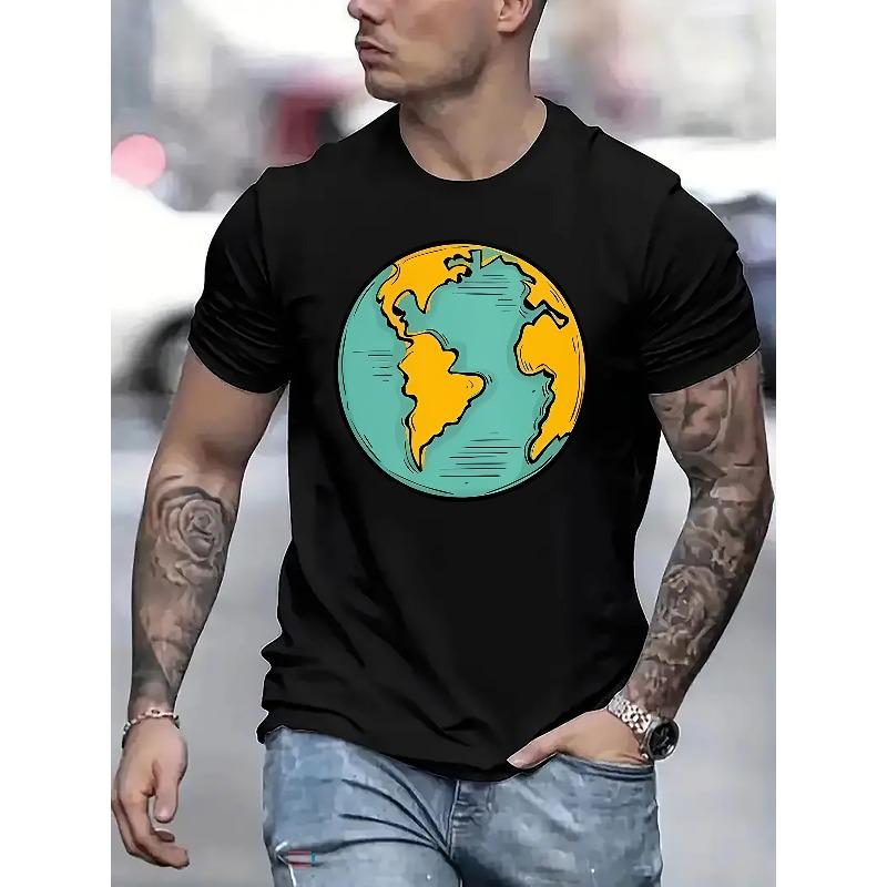 European Size Men's Earth-Themed Short Sleeve T-Shirt - & Continent Print Round Neck Summer Casual Tee, Machine Washable Opaque Top for Camping