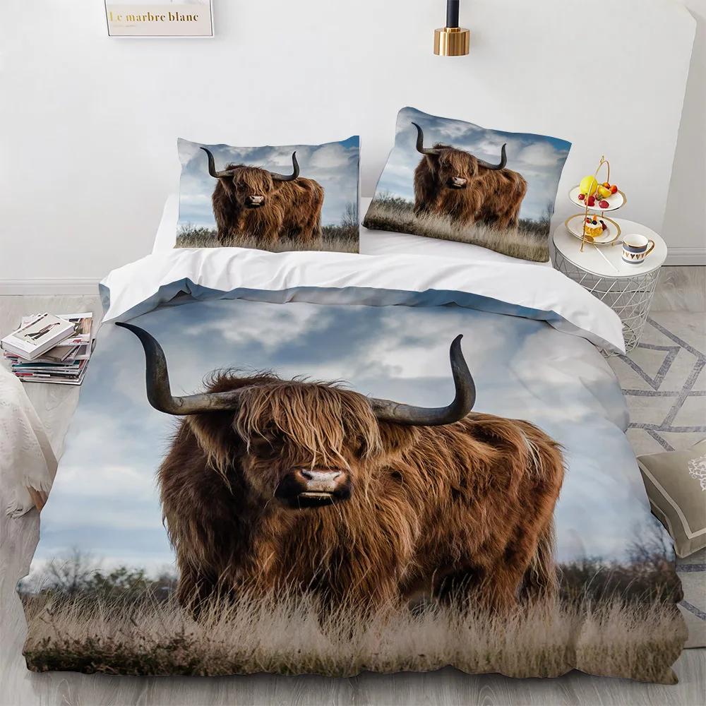 Highland Cow Duvet Cover King/Queen Size,Farmhouse Animal Bull Bedding Set,Funny Cute Herbivores Quilt Cover For Boys Girls