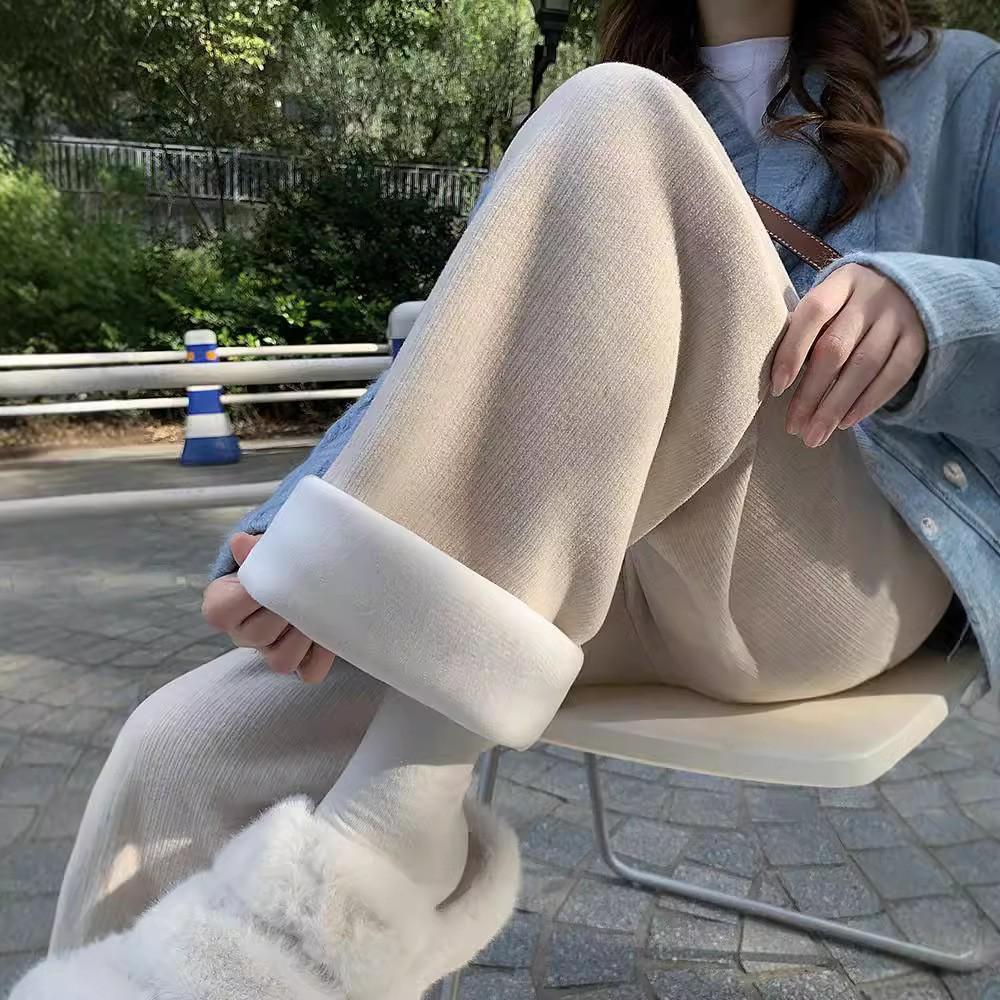 

Осень и Зима Кашемировые Полоски Высокая Талия и Тонкий Флис Мягкий Восковой Драп Утолщенные Прямые Повседневные Брюки 2XL