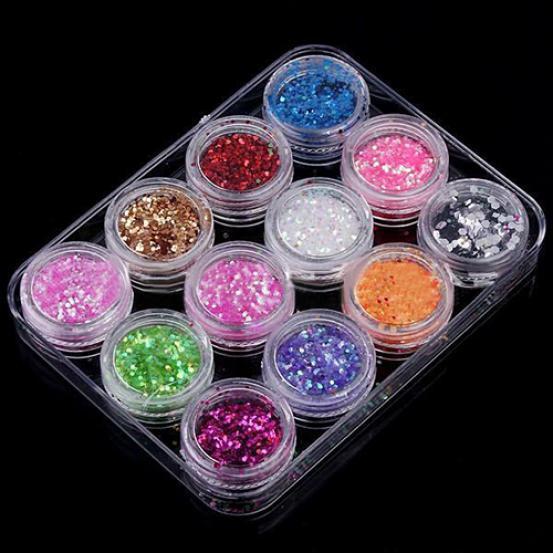 12 färger UV Gel Akryl DIY Glitter Dekoration Nail Art Paljetter Pulver Set