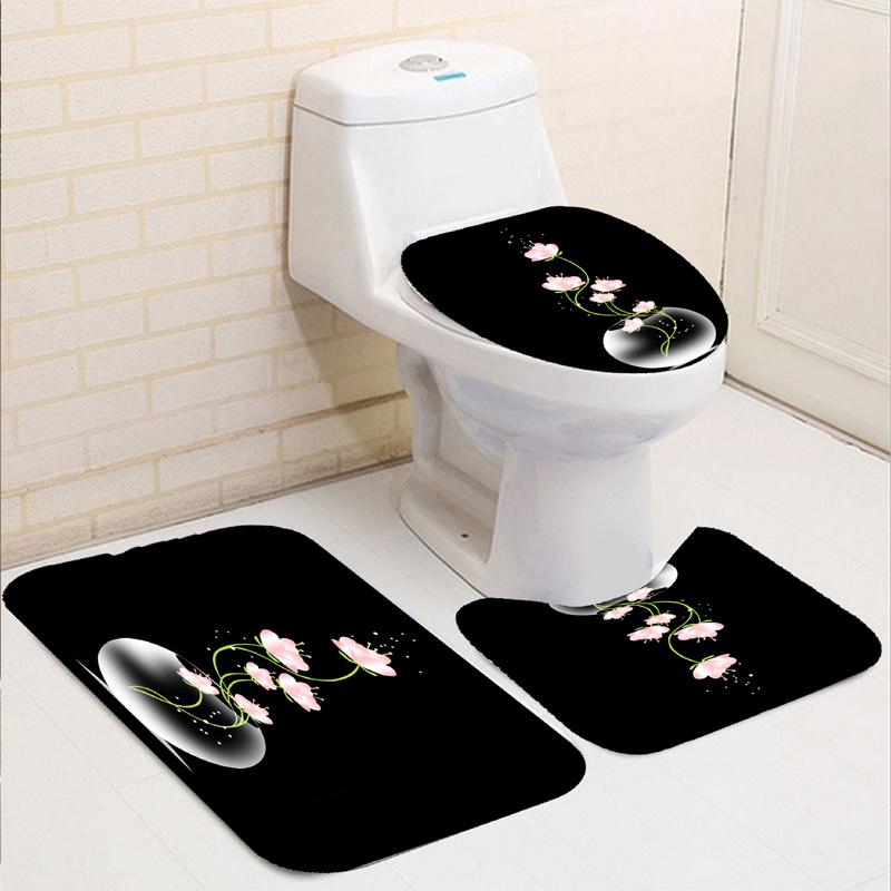 3D Rose Flower Shower Curtain Set Non-Slip Rugs Bath Mat Toilet Lid Cover and 12 Hooks Waterproof Polyester Bathroom Decor