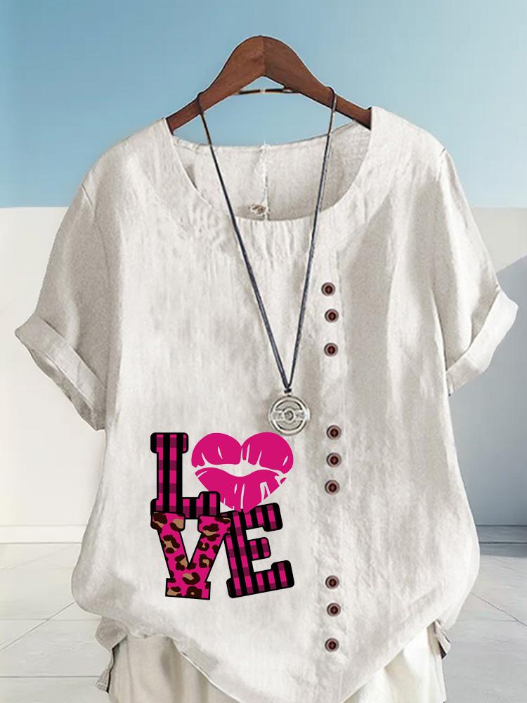 Women's Fashion Love Letters Print Shot Sleeve T-shirt Loose Cotton Shirt Casual Loose Summer Blouse Tops Plus Size