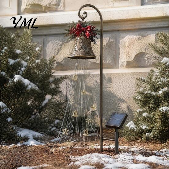 Eisenkunst Feiertagsdekorationen Solar-Weihnachtsglocke Wasserfalllicht, LED-Metall-Gartenstecker mit rotem Band, Warmweiß Festliche Hofdekoration Automatisches Ein-/Ausschalten,
