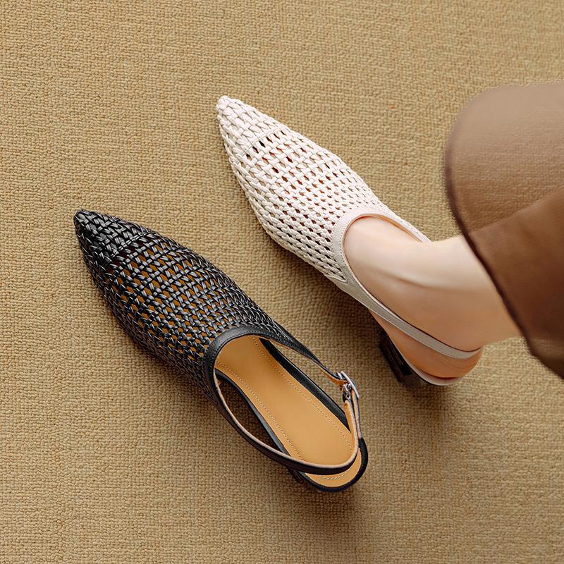 5.5Cm | Woven pointed pointed hollow bag head sandals women's middle heel with Roman shoes 2025 summer new hole