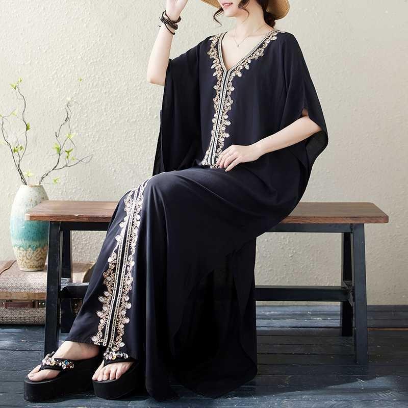 Solid Heavy Embroidery Plus Size Loose V-Neck Pullover Bohemian Vacation Solid Color Long Dresses