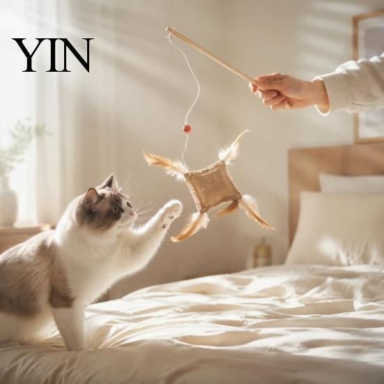 Natural Linen Hunting Toy Cat Wand with Bag, Interactive Bell, Handheld Interaction Stick Wooden Handle Feather for Indoor Cats Scratching Chasing