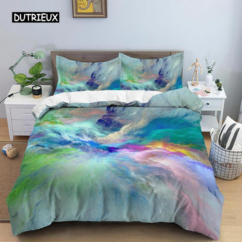 Colorful Cloud Duvet Cover Polyester Orange Yellow Purple Cloud Sky Quilt Cover for Teens Girls Abstract Theme Soft Bedding Set