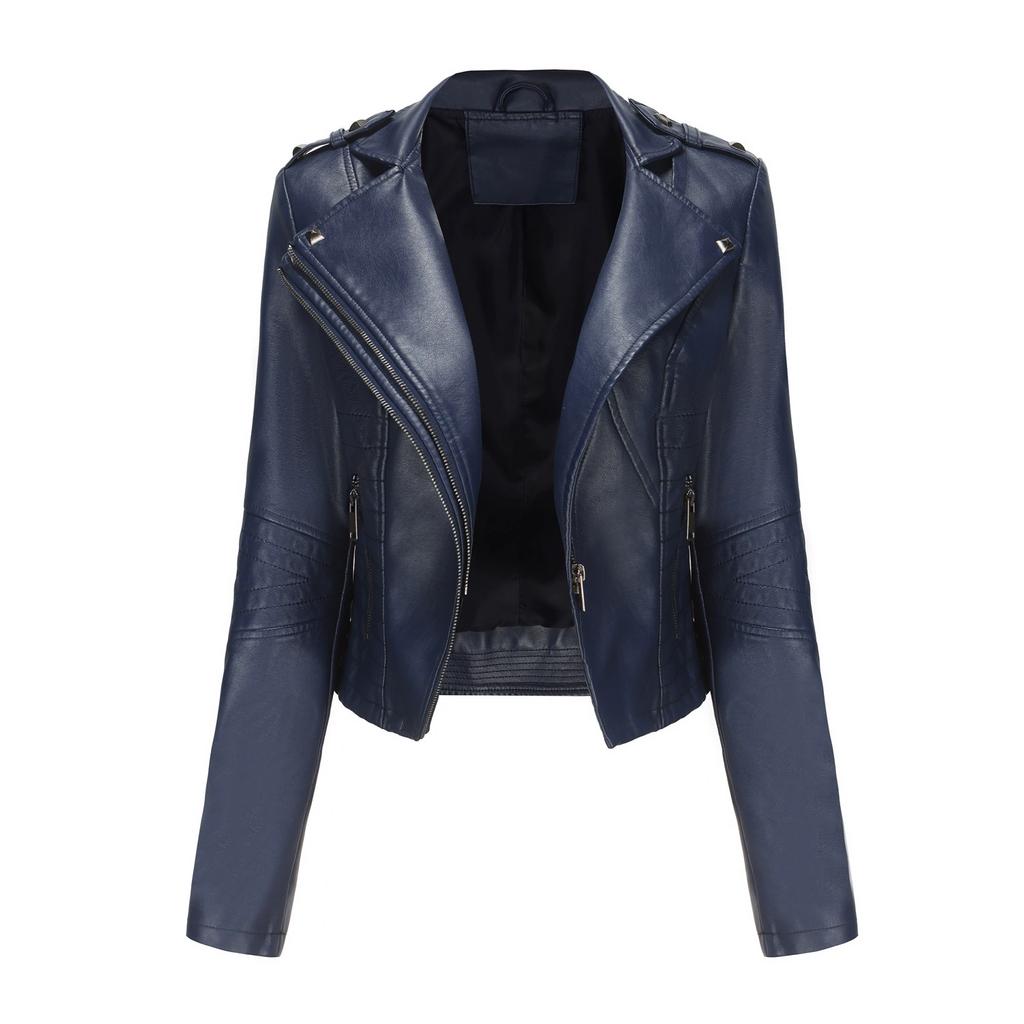 Slim Fit Long Sleeved Spring and Autumn Leather Jacket Women's Rivet European and American Popular Short Jacket Zipper Leather Jacket