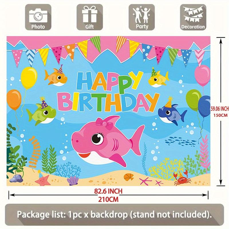 2D flat banner 1 piece. Underwater world shark background. Birthday party. Blue cartoon marine creatures decoration.